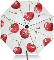 [PDZRMY] UV Protection Travel Umbrella Cherry White Pattern Compact for Rain and Sun - Auto Open and Close UPF 50+ Windproof Portable 46” Sun Umbrella for Women and Men