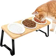 AUTOWT Elevated Cat Bowls - 15°Tilted Raised Cat Feeder Set with 3 Ceramic Dishes and Bamboo Stand Feeding Station for Indoor Cats Pet Food and Water