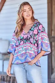 JAASE - Gabriella Top: Mandarin Collar Top with Crochet Trim in Black Bird Print