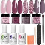 Modelones Dip Powder Nail Kit, 4 Colors Nude Pink Glitters Dipping Powder System Liquid Set with 2 in 1 Base & Top Coat Activator for French Nail Art Manicure Salon DIY at Home