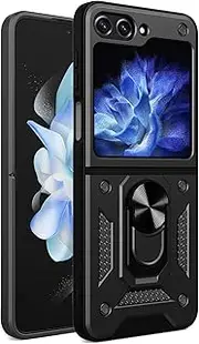 [ESTH] Case for Samsung Galaxy Z Flip5 with Slide Camera Cover [Camera Protection] [Ring Stand] [Case Compatible with Magnetic Car Mount] Shockproof Mobile Phone Case, Black