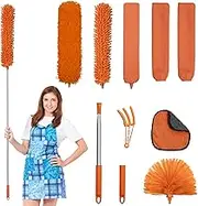 JEHONN Feather Duster Kit 8 PCS for Cleaning, 245 cm Extendable Long Handle Microfiber Cobweb Dusting Brush, Telescopic Dust Remover Tool for High Ceiling Fan AC Vent Wall House Exterior Interior