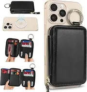 Cavor Compatible with MagSafe Wallet Phone 7 Card Holder with Key Ring Adjustable Stand Zipper Pocket for iPhone 16 Pro Max/15 Plus/14/13/12 Series Magnetic Leather Wallet for Men Women-Black