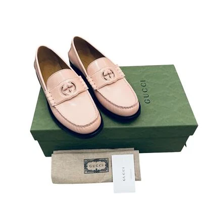 GUCCI Women's Leather Loafer Millennial Ribot Interlocking G Moccasin Pink Sz 39