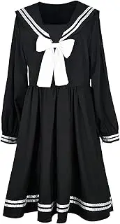 Esdlajks Lolita Gothic Dress Cute Lolita Dress Skirt Dresses Black Dress Women Bow Patchwork Loose Japanese Preppy Style Navy Sailor Collar Kawaii Long Sleeve Dress Jk Girl Outfits