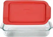 Pyrex Basics 3 Quart Glass Oblong Baking Dish with Red Plastic Lid -13.2 INCH x
