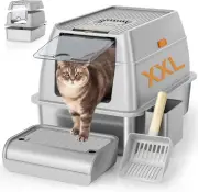 Stainless Steel Litter Box with Lid, XXL Cat Litter Box for Big Cats, Enclosed R