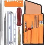 Glarks 7Pcs Chainsaw Sharpener File Assortment Kit with 5/32, 3/16, 7/32 Inch Round Files, Flat File, Raker Tooth Depth Gauge, Filing Guide, Polished Wooden Handle for Sharpening and Filing Chainsaws