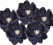 uxcell 3.15 Inch Chiffon Flowers, 5 Pcs Fabric Flowers Rhinestone Pearl Large Camellia Sewing Appliques for DIY Crafts Dresses Clothing Headbands Wedding Party Decoration, Navy