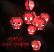 Halloween LED Skull String Lights Battery Operated 15 Red Led with Paper Skull