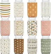 Whaline 12pcs Boho Themed Can Cooler Covers, Neoprene Insulated Beverage Caddies, Reusable Thermocoolers for 12oz Cans, Bottles, Decor Party Favors