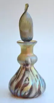Gold Luster Perfume Bottle With Multicolor Wave Design. Blown Glass