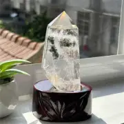 240g Natural Phantom Ghost Quartz Obelisk Quartz Cystal Point Wand Tower + Stand