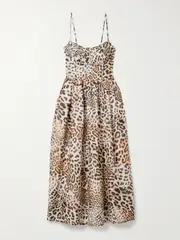 [Cara Cara] Cara Cara - Alba Gathered Leopard-print Linen And Silk-blend Organza Midi Dress - Leopard print - US6 US 6 Animal print
