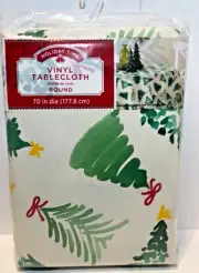 Holiday Time Oval Vinyl Tablecloth 70” Diameter Trees Decor