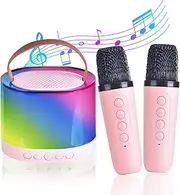 Kids Karaoke Machines for Girls, Mini Karaoke Speaker with 2 Wireless Microphones, Portable Wireless Bluetooth Music Player, Birthday Gifts for Ages 4, 5, 6, 7, 8, 9, 10, 11 Year Old (Pink)