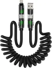 [MFish] 4-in-1 Coiled Universal USB Charging Cable -MAX 240W Fast Charging/Charger Cord with Multi USB Port for iPhone 16/15 14 13 iPad Samsung Galaxy MacBook iPad Tablets and More (Black, 6Ft)