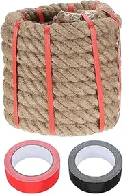 sourcing map Jute Rope 1.3 Inch x 30ft, Heavy Natural Thick Twisted Rope with 2 Roll Tapes for Crafts Railing Docks Tug of War Swing Nautical Landscaping