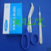 1 SCALPEL HANDLE #3 + 50 BLADES #15 + Blue COLOR EMT SCISSORS 5.5"