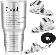Newtay 2-Piece Coach Gifts: Silver Stainless Steel Travel Mug (30 oz) & Whistle for Soccer, Basketball, Football Coaches
