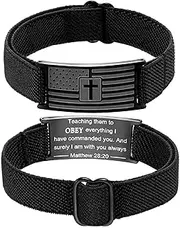 [HSWYFCJY] Flag Cross Bracelet for boys Men Adjustable Strap Christian Scripture Bracelets Engraved Bible Verses Inspirational Messages Patriotic Religious Jewelry Gift