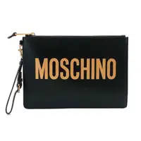 在飛比找momo購物網優惠-【MOSCHINO】金徽標印花牛皮手拿包(黑)