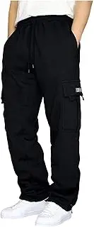 [A WATERWANG] Men's Fleece Cargo Sweatpants Casual Drawstring Loose Fit Athletic Sweats Joggers Pants for Men with Pockets, Black, M