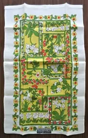 Vtg Belcrest Prints Floral Tea Towel Green Pink Yellow Linen 27 x 16 Hong Kong