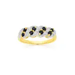 9ct Gold Black Sapphire & Diamond Two Row Crossover Ring in Black