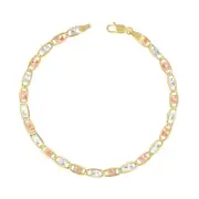 10K Solid Yellow Rose White Tri Gold 4mm Chain Womens Bracelet Anklet 9"