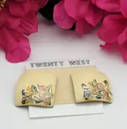Vintage Floral Enamel Stud Earrings Beige/Multicolor Square Pierced Twenty West