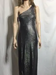 Women's NWT Aidan Mattox Metallic Cut-out One-Shoulder Slit Gown Black Dress