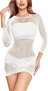 LEMON GIRL Women's Fishnet Long Sleeve Babydoll Chemise Crop Top Lingerie Nightwear One Size