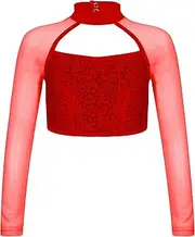 [TiaoBug] Girls Shinny Sequins Dance Crop Tops Mesh Spliced Long Sleeve T-Shirt Jazz Hip Hop Dance Costume
