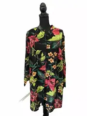 Susan Graver Tunic Top 1X Tropical Floral Sheer Button Front Long Sleeve NWT