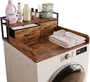 [Unionly] 2-Tier Washer Dryer Countertop single with shelf and fabirc drawer,laundry topper with Edge and Non-Slip Pad for Washer Dryer Laundry Hamper Counter Storage Organization (rustic brown, single)