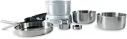 Tatonka Multi Set + Alcohol Burner (8 Pieces) - Camping Cookware Made of Stainless Steel with Spirit Cooker - (Pan, 2 Pots, Clamping Handle, Wind Protection, Cooking Rack and Cooker)