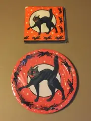 HALLOWEEN BEISTLE RETRO 'SCRATCH CAT' PAPER PLATES (2 DESIGNS) 9" 8 CT & NAPKINS