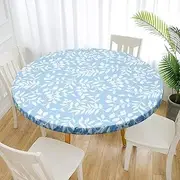 Waterproof Round Tablecloth, Elastic Edged Fitted Flannel Backed Table Cover Stain Resistant Oil-Proof PVC Table Protector Cover for Dinning Room Kitchen Picnic Party (Blue Leaves, 90-110cm)