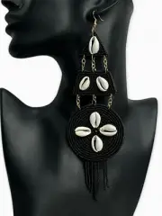 African Beaded Earrings with Cowrie Shells | Long Statement Tribal Jewellery