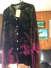 NWT CITRON SANTA MONICA SILK LONG Top plum brown green +mother Pearl buttons OX