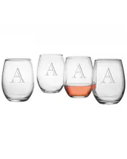 Susquehanna Glass Monogrammed Set of Four Engraver Stemless Wine Glasses, (A-Z)