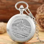 Silver Locomotive Unisex Hand Winding Mechanical Pocket Watch Pendant Chain Gift