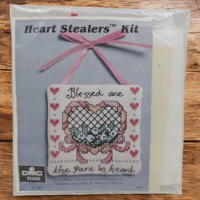 VTG Blessed Are the Pure in Heart Heart Stealers Kit DMC Floss 1989 Cross Stitch