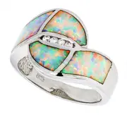 Women Sterling Silver Rhodium Plated, Opal Inlay Band CZ stone Accents 14mm