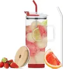 50 Oz Glass Tumbler with Straw and Bamboo Lid, Handle, BPA Free Lid and Silicone