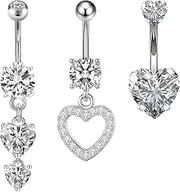 [HAFRILY] 3Pcs Belly Button Bars Surgical Steel 14G Belly Bar Heart Butterfly Dangle Ring Piercing Jewelry for Women and Men, onesize, Stainless Steel, Crystal