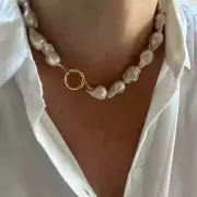 Huge 13 X 20mm White Baroque Pearl Artisan Necklace with Gold Filled Ring Clasp