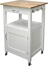 eHemco Kitchen Island Cart on Wheels with Drawer, Storage Cabinet, Shelf and Natural Solid Hardwood Top, White Base