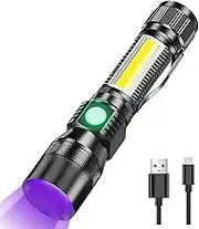Jornarshar 3 in 1 Rechargeable UV Torch, Black Light Flashlight With Sidelight Red/White/SOS Light, 7 Modes Zoomable Waterproof for Pet Clothing Detection Camping